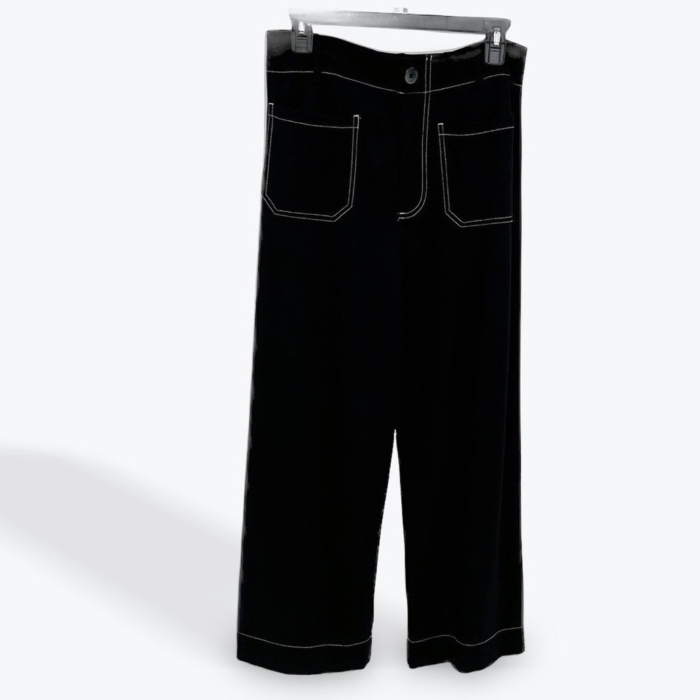 Jones & Co Black Wide Leg Pants Contrast Stitch Women's Size 8 Flare Trousers - Picture 3 of 9